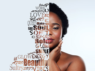 Image showing Black woman, face and quotation with motivation poster with beauty and portrait isolated on white background. Quote overlay with inspiration, skincare and wellness, creative and skin glow in studio