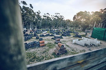 Image showing Paintball field, no people and battle army ground in nature in the morning on a battlefield. Training, exercise and war game base for competition and fight games outdoor isolated for shooting