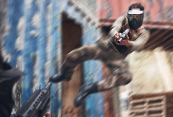 Image showing Paintball, aim and man jumping with gun on outdoor battlefield for game, training or practice. Shooter, blur motion and male in military shooting a sniper to target with strategy while playing match.