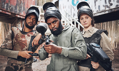 Image showing Military, training and portrait of group with paintball gun for game, battle and extreme sports, serious and mindset. Army, people and sport team of diversity, attitude and ready for target practice