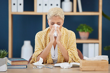 Image showing Work, covid and woman at desk tissue paper blowing nose, tired and overworked from flu or cold. Sick, exhausted and office employee with allergy or health risk from illness, burnout or sinus problem.