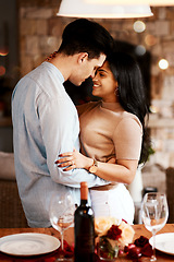 Image showing Love, wine and romance, happy couple dance on valentines day date at home with smile and bokeh. Date night, man and woman hug in living room, romantic valentine celebration and relationship together.