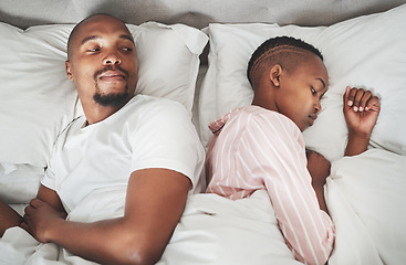 Image showing Sad, conflict and black couple in bed after a fight, communication fail and divorce from above. Mental health, angry and African man and woman with anger, frustrated and problem in the marriage