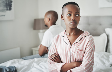 Image showing Mental health, depression and marriage, black couple on bed in home angry after cheating argument or fight. Stress, relationship and divorce problem, woman and man frustrated and depressed in bedroom