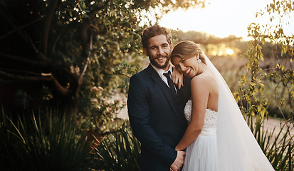 Image showing Wedding, love and portrait of couple in garden for marriage, ceremony celebration and commitment. Save the date, trust and bride and groom hug, embrace and happy for romance, loving and peace in park