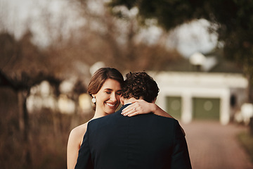 Image showing Happy couple, outdoor on wedding, marriage and love with relationship, commitment and partnership with people in vineyard. Life partner, happiness and groom with bride, peace and hug with mockup