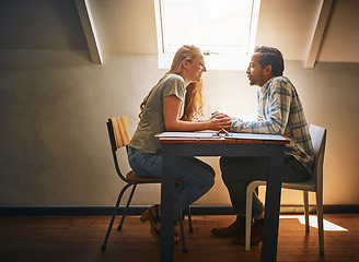 Image showing Holding hands, love and couple on table at restaurant, laughing at funny joke and bonding. Valentines day, romance diversity and affection, passion or care of man and woman enjoying date time at cafe