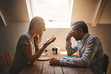 Image showing Upset couple, argument and disagreement on date in discussion, fighting or breakup at restaurant. Woman talking to cheating man at dinner table in conflict, problem or affair in conversation at cafe