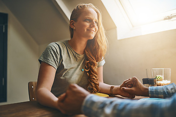 Image showing Date, happy and woman at lunch or breakfast at a cafe or restaurant with her boyfriend enjoying quality time. Valentines day and people sitting at a table at a coffee shop holding hands and love