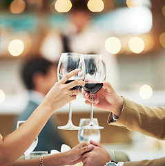 Image showing Red wine, hands and date with a couple toast in a restaurant for the celebration of an anniversary. Valentines day, dating and romance with a man and woman drinking alcohol in cheers for fine dining