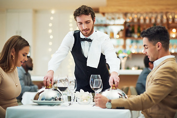 Image showing Couple, restaurant server and fine dining with food for valentines day date, love and romance in night. Man, woman and waiter with service, party and hospitality for dinner, bonding and celebration