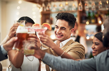 Image showing Friends, cheers and diversity in celebration in restaurant, party and happiness together for valentines day. Love, friendship and toast, happy hour social event, people smile at pub for drinks date.