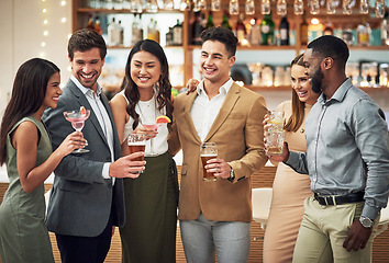 Image showing Friends with drinks, alcohol and relax, celebration with social time and people together at event or happy hour. Happiness, fun and celebrate, cocktails and gathering with diversity in group