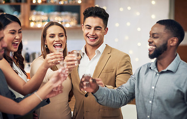 Image showing Group of friends, cheers and shots in celebration at restaurant party and happiness together for valentines day. Love, friendship and toast, happy hour social event, people smile at pub drinks date.