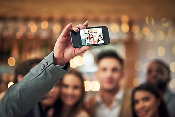 Image showing Selfie, event or party group of people in restaurant for happy night celebration, mobile influencer and bokeh lights. Profile picture, hand holding and smartphone screen of friends for social media