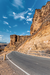 Image showing asphalt road descending to the bridge over the blue nile,. Ethiopia, Africa