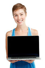Image showing Blank laptop, portrait and woman isolated on a white background with mockup space for product placement. Happy young model or person face with computer screen or mock up for advertising in a studio