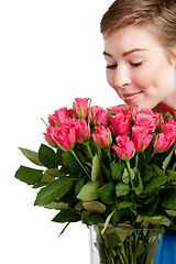 Image showing Woman smelling roses, nature and bouquet with gift for Valentines day, peace and calm isolated on white background. Love, celebration and natural fragrance with present to celebrate holiday