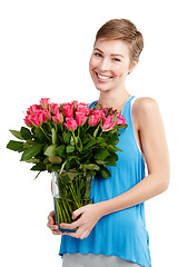 Image showing Woman, smile and roses in portrait, happy with Valentines day gift and love, nature isolated on white background. Face, beauty and romance with celebrate holiday or anniversary with flowers in studio