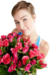 Image showing Woman, face and rose bouquet in portrait, Valentines day gift and love, nature zoom isolated on white background. Smile, beauty and happy, romance and celebrate holiday or anniversary in studio