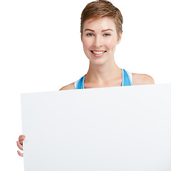 Image showing Portrait, mockup and woman with poster, product placement and brand development with girl isolated on white studio background. Face, female and lady with banner, advertising and paper on backdrop