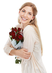 Image showing Portrait, woman and bouquet of roses, smile and loving with girl isolated on white studio background. Face, female and lady with flowers, florals and happiness for Valentines day, dating and happy