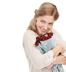 Image showing Happy, roses and woman on valentines day with a gift and mockup space isolated in studio white background. Young, excited and female with a bunch of flowers or bouquet as a present for happiness