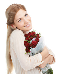 Image showing Woman hug roses, smile in portrait with gift for Valentines day, love and nature isolated on white background. Happiness, romance and female with red bouquet, holiday celebration and happy in studio