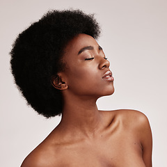 Image showing Beauty, black woman and skincare spa aesthetic with skin glow and cosmetics in a studio. Dermatology, facial and self care of a young person model feeling calm from cosmetic and detox treatment