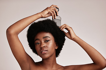 Image showing Afro comb, black woman and portrait of a model with hair care, salon and cosmetics. Hairdresser comb, African hairstyle and beauty of a young person doing a treatment for self care in a studio