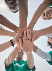 Image showing Teamwork, volunteer and support with hands of people for sustainability, environment and climate change. Recycling, earth day and charity with friends and stack for diversity, energy and pollution