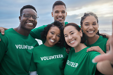 Image showing Happy, selfie and volunteer with people on beach for sustainability, environment and climate change. Recycling, earth day and social media with friends and teamwork for charity, energy and pollution