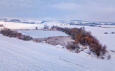 Image showing Aerial bird view of beautiful winter landscape with frozen pond covered with snow. Central european countryside. Czech Republic, Vysocina Highland region, Europe