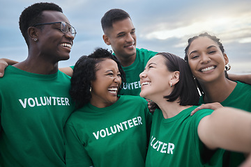 Image showing Teamwork, selfie and smile with people on beach for sustainability, environment and climate change. Charity, earth day and social media with group of volunteer for recycling, energy and pollution