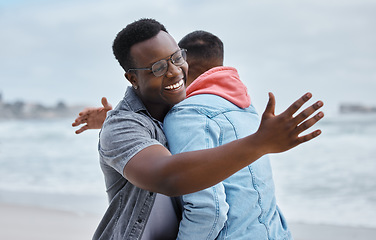 Image showing Hug, greeting and friends at the beach happy, excited and embracing on nature, mockup and background. Men, hello and cheerful guys hugging, joy and embracing on a trip for reunion at the sea together