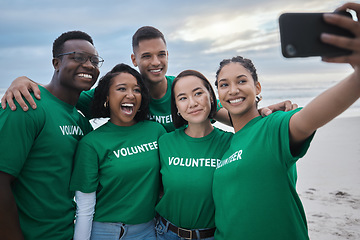 Image showing Teamwork, selfie and recycling with people on beach for sustainability, environment and climate change. Phone, earth day and social media with volunteer and phone for technology, energy and pollution