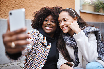 Image showing Woman, friends and selfie smile in the city for friendship memory, social media or profile picture. Happy women smiling for photo, online post or vlog in travel, journey or trip in a urban town