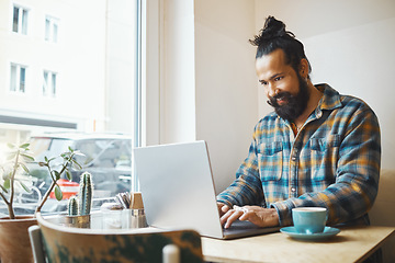 Image showing Coffee shop, laptop and man planning a project for a creative freelance job with a cappucino. Technology, computer and male freelancer doing research for a creativity report with a latte in a cafe.