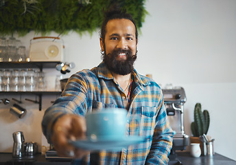 Image showing Cafe, portrait and man barista with a coffee for a customer in his small business restaurant. Happy, smile and male waiter or server giving a cup of cappucino, latte or espresso in his cafeteria shop