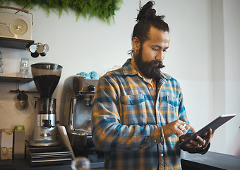 Image showing Tablet work, barista and cafe owner working on digital retail shop design for business. Coffee shop waiter, ecommerce and man planning a restaurant web page for online shopping and networking