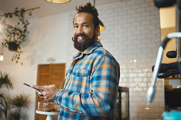 Image showing Coffee shop, phone and portrait of a man ordering a latte or espresso in the morning with a breakfast. Happy, smile and male with a cellphone to order a cappucino in cafe or restaurant in Puerto Rico