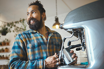 Image showing Coffee shop, startup and service with a man barista behind the counter to prepare a drink. Cafe, kitchen and waiter with a male working in a restaurant as an entrepreneur or small business owner