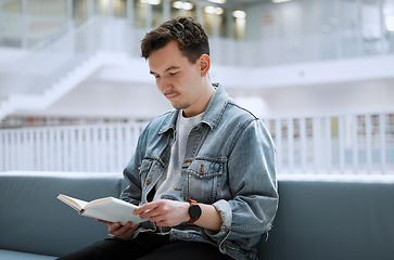 Image showing Education, library and man with a book, reading and studying for a test, exam and knowledge. Male, student and academic with journal, research or focus on learning, peace and relax with calm or quiet