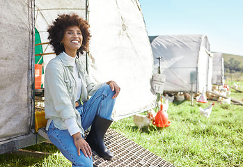 Image showing Agriculture, farming and portrait of black woman on chicken barn or land for sustainability or free range food industry. Sustainable, small business owner or farmer person with animal in countryside