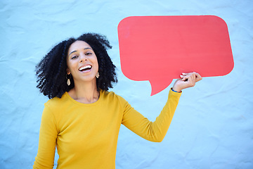 Image showing Portrait, speech bubble and black woman in studio for advertising, mockup and space on blue background. Face, girl and billboard, branding and paper for product placement, marketing and copy space