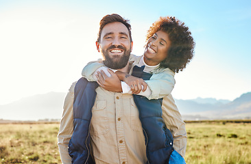 Image showing Love, relax and smile with couple on farm for agriculture, peace and growth. Teamwork, bonding and hug with man and woman in grass field of countryside for sustainability, health and environment