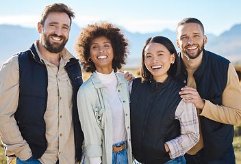 Image showing Adventure, farm and portrait of couple of friends in countryside enjoy holiday, vacation and weekend. Agriculture, freedom and happy men and women smile in nature for calm, peace and relax together