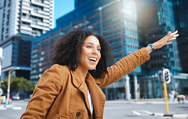 Image showing Black woman, city and stop taxi with smile, sunshine and urban adventure on sidewalk in summer. Girl, outdoor and street in metro for transport, bus or ride service with happiness, holiday or travel