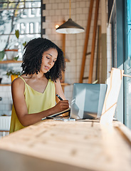 Image showing Business owner, black woman and writing for planning, remote work from home or focus on new project. African American female, employee or entrepreneur with laptop, making notes or thinking for growth