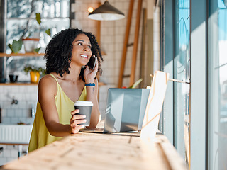 Image showing Black woman in coffee shop, phone call and remote work with laptop, freelance or influencer blog with networking. Connection, wifi and communication with tech, drink and relax in cafe with contact